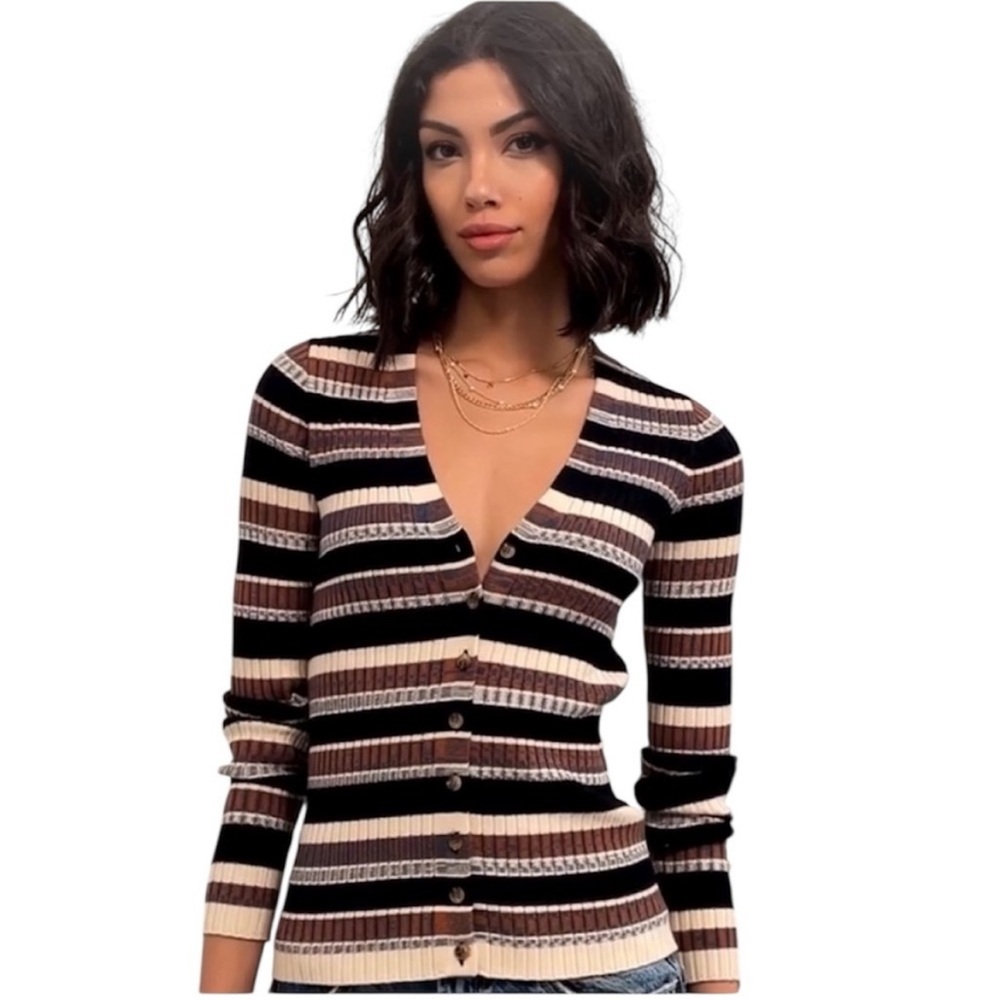 NWT HEART LOOM Black/Brown Stevie Cardi SweaterStriped V-neck Slim Tuck Large